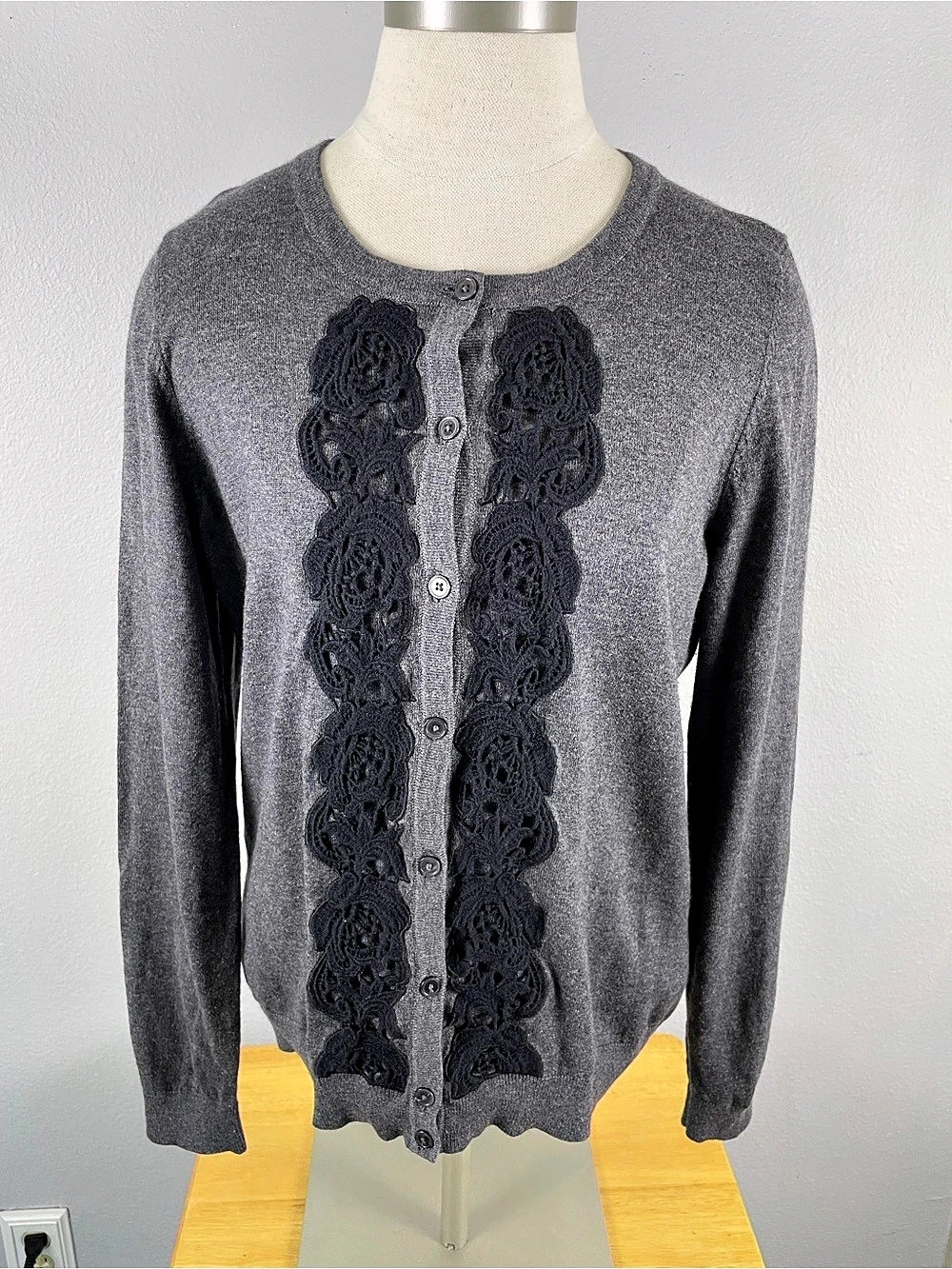 Talbots Gray Cotton Wool Blend Cardigan with Black Lace Crochet Size Large